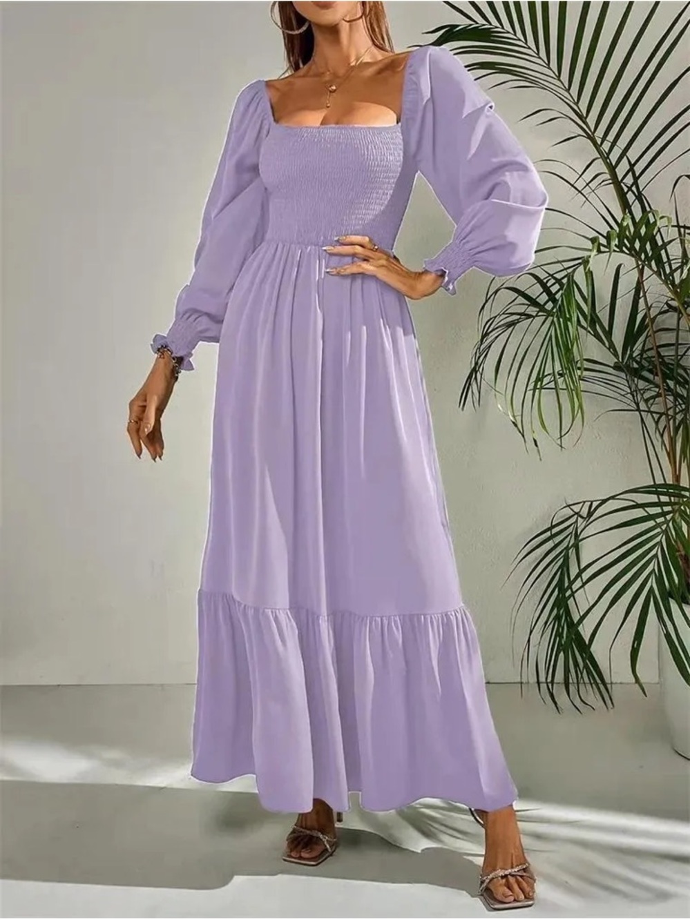 Lilac Long Sleeve Smocked Maxi Dress